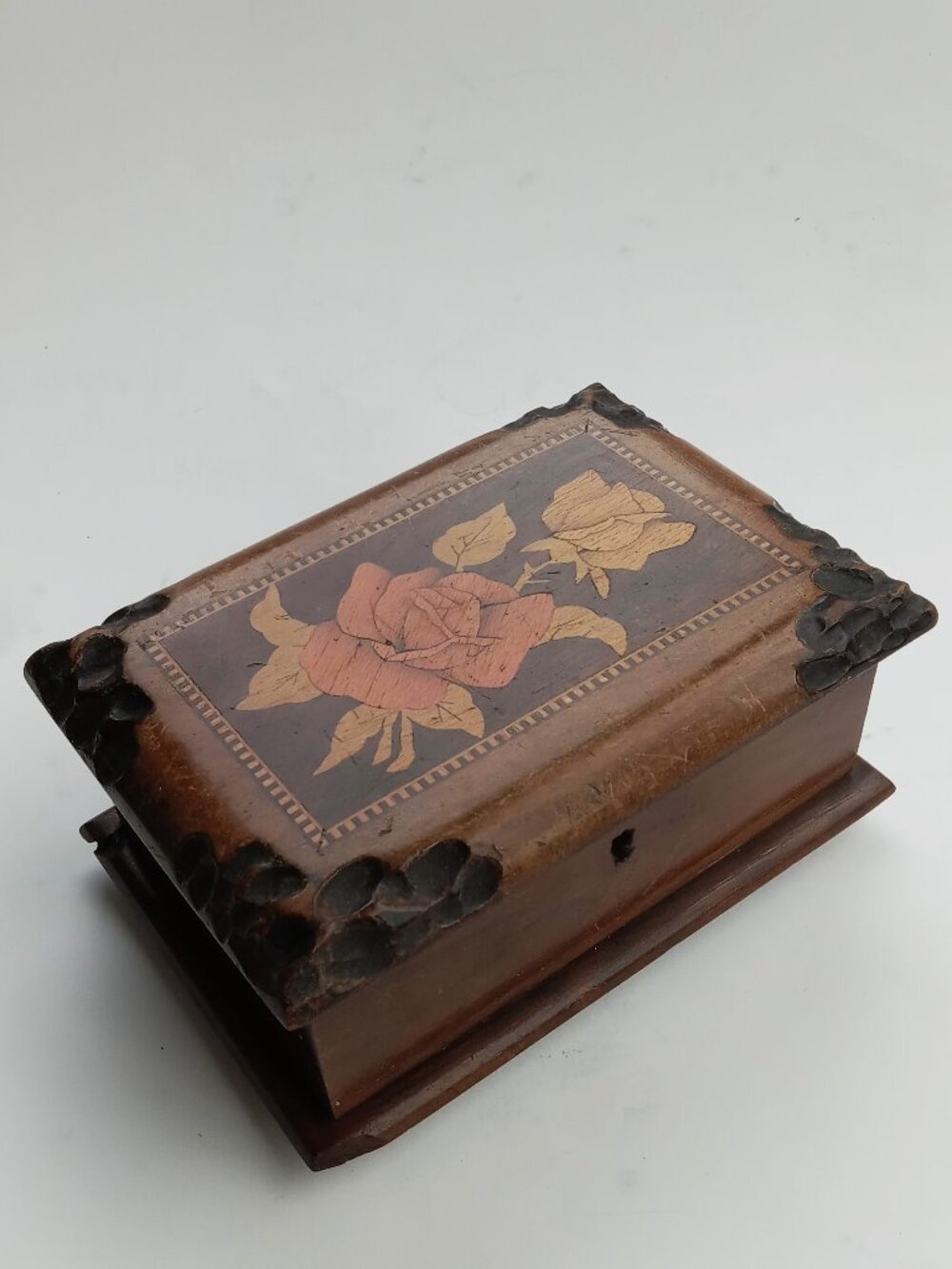 Wooden Box Trinket with Wood Inlay Roses Velvet Lining Made in Brazil in 1920s